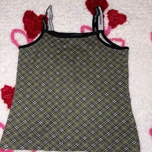 Burberry Olive Green Plaid Logo Strap Camisole